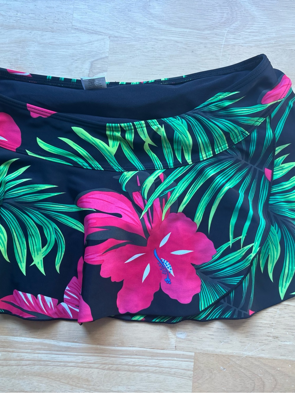 Black Tropical Floral Swim Skirt with Pink Hibiscus